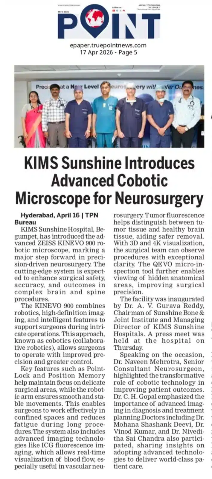1-69f87f4a7acbc - Multispeciality Hospital Group of doctors and staff at a hospital press event announcing KIMS Sunshine's advanced cobotic microscope for neurosurgery, with banner in the background.