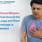 Informational graphic about pleural effusion: man holding his chest beside a lung diagram with fluid and the headline about when drainage is needed.