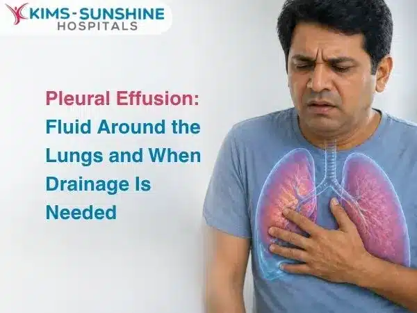 Informational graphic about pleural effusion: man holding his chest beside a lung diagram with fluid and the headline about when drainage is needed.