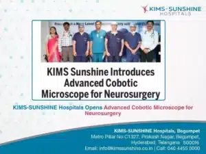 KIMS Sunrise Hospitals banner announcing an advanced cobotic microscope for neurosurgery, with a group of doctors posing in front of it.