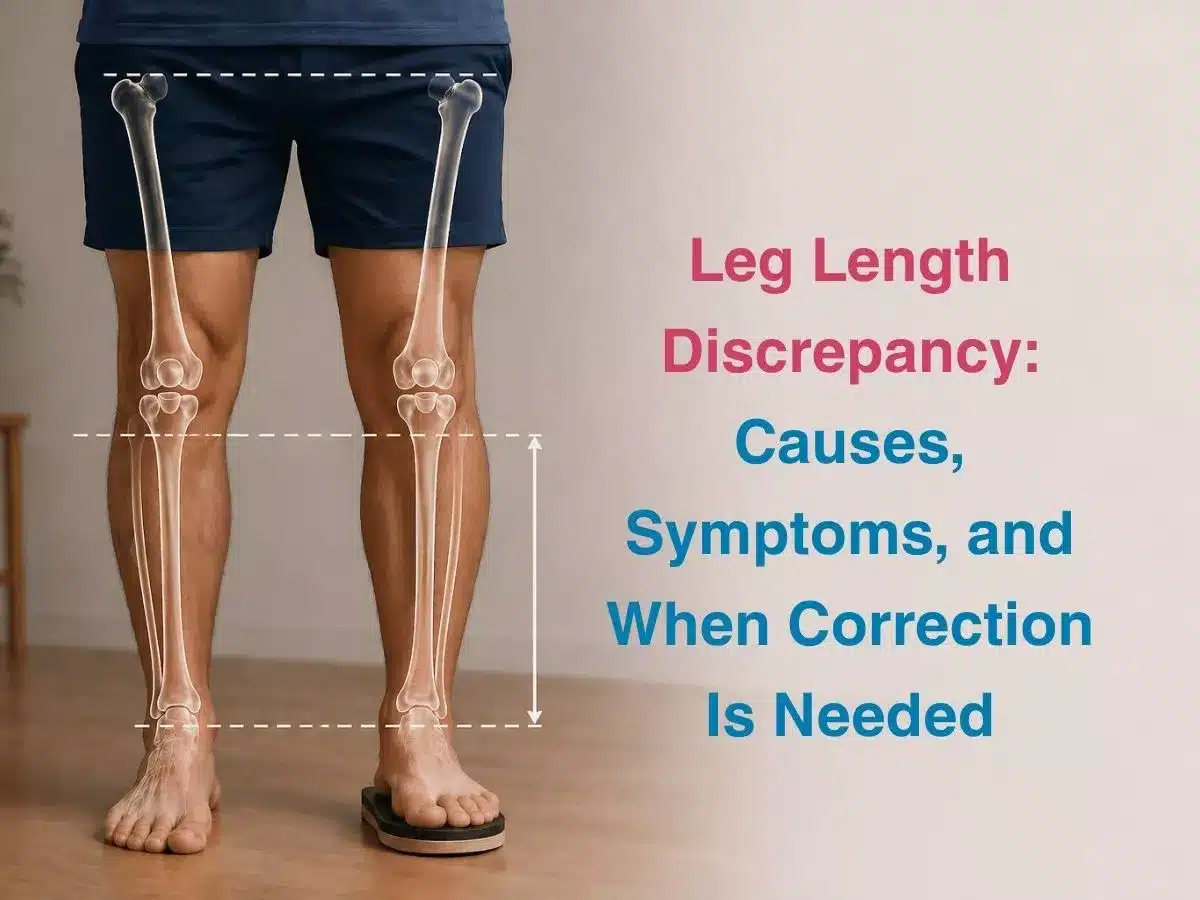 Diagram of legs with bone X-rays and measurement lines; title reads 'Leg Length Discrepancy: Causes, Symptoms, and When Correction Is Needed'