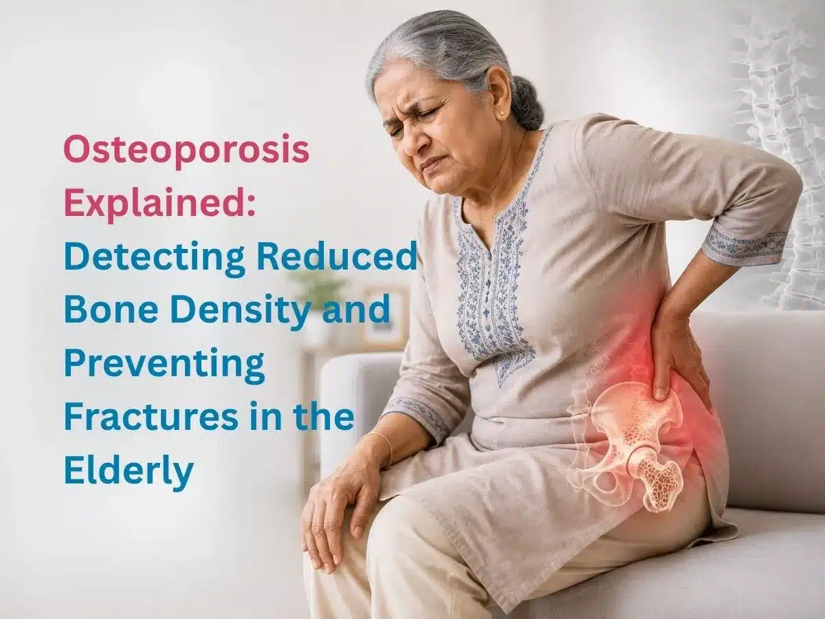 osteoporosis-explained-detecting-reduced-bone-density-and-preventing-fractures-in-the-elderly-69fc353506218 - Multispeciality Hospital Elderly woman sitting, holding her lower back/hip in pain, with a highlighted hip bone diagram indicating osteoporosis discussion heading on the left.