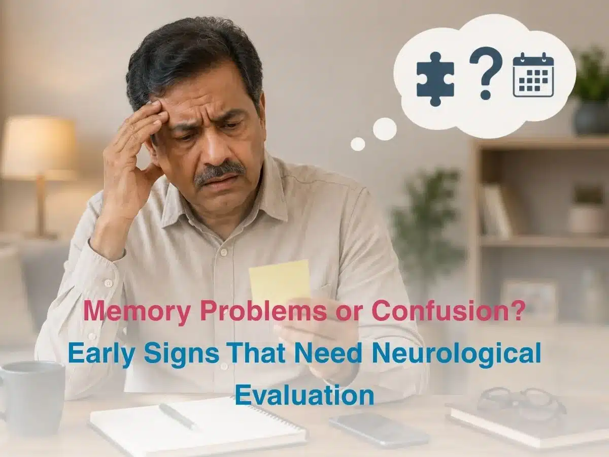 Older man holding his head thinking thought bubble with a puzzle piece and calendar caption reads'Memory Problems or Confusion? Early Signs That Need Neurological Evaluation'