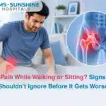 Man holding his hip in pain with a red glow at the hip circular X ray image of a hip joint on the right KIMS SUNSHINE Hospitals logo and hip pain warning text