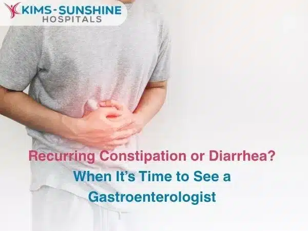 Person holding abdomen with a stomachache text asks about recurring constipation or diarrhea and when to see a gastroenterologist